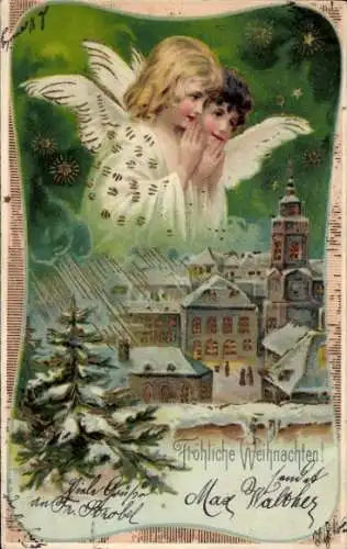 Präge Litho Glückwunsch Weihnachten, Engel, Kirchturm, Tannenbaum