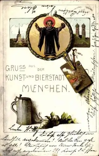 Litho München Bayern, Bierkrug, Gemüse, Farbpalette, Geistlicher