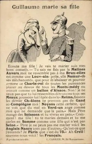 Ak Kaiser Wilhelm II., Traurige Frau, Propaganda, Karikatur