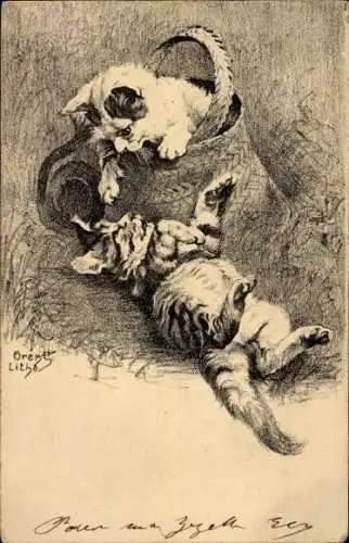 Künstler Litho Orens, Zwei spielende Katzen, Korb