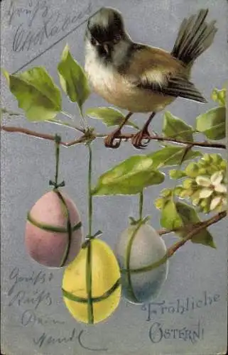 Präge Ak Glückwunsch Ostern, Vogel am Baum, Ostereier