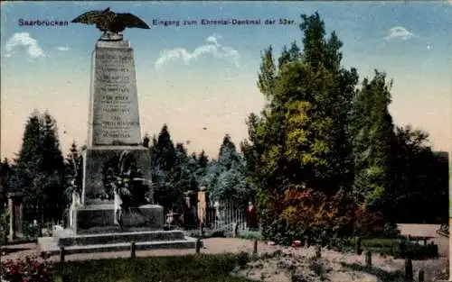 Ak Saarbrücken im Saarland, Eingang zum Ehrental, Denkmal der 53er