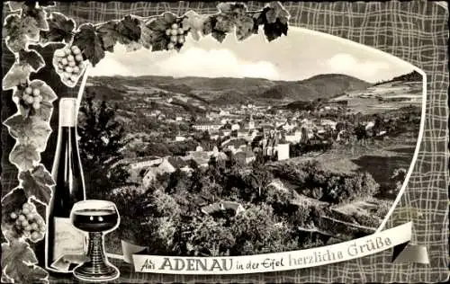 Ak Adenau in der Eifel, Gesamtansicht, Weintrauben, Weinglas