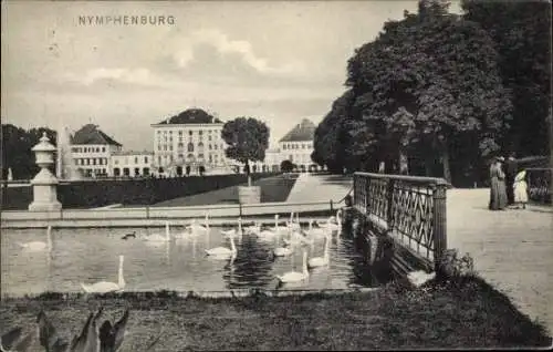 Ak Nymphenburg München Bayern, Brücke, Schwäne