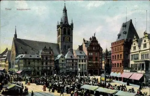 Ak Trier an der Mosel, Hauptmarkt, Marktszene, Turm, Straßenbahn