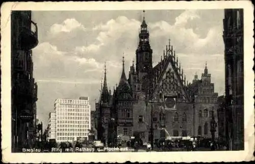 Ak Wrocław Breslau Schlesien, Ring mit Rathaus und Hochhaus