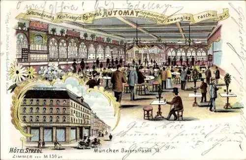 Litho München Bayern, Hotel Strebl, Bayerstraße 13, Café Automat, Speiseautomat