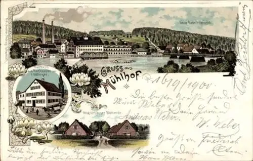 Litho Mühlhof Nürnberg, Neue Rednitz-Brücke, Gasthaus zum Reichsadler, Arbeiterhäuser Blumenstraße