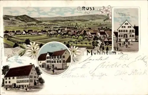 Litho Mühlheim am Bach Sulz am Neckar, Panorama, Gasthaus zum Hirsch, zum Rössle, zum Lamm