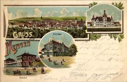 Litho Mengen in Oberschwaben Württemberg, Gesamtansicht, Hotel Baier, Spital, Bahnhof