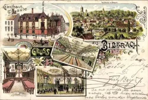 Litho Biberach an der Riß in Oberschwaben Württemberg, Gesamtansicht, Gasthaus zur Laute, Saal