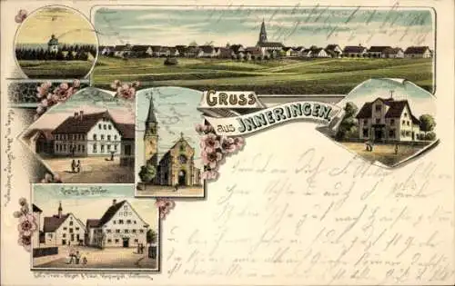 Litho Inneringen Hettingen Schwäbische Alb, Gesamtansicht, Gasthof zum Adler, Kirche