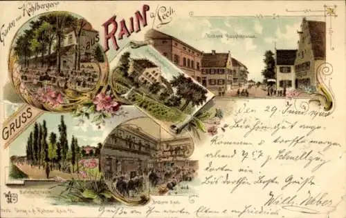 Litho Rain am Lech Schwaben, Untere Hauptstraße, Garten von Kohlberger, Mädchenschule, Bahnhofstraße