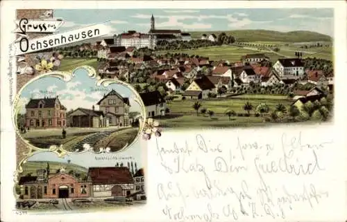 Litho Ochsenhausen in Württemberg, Gesamtansicht, Bahnhof, Elektrizitätswerk