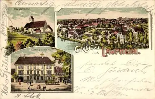 Litho Laupheim in Oberschwaben Württemberg, Stadtpfarrkirche, Gasthof zur Germania, Panorama