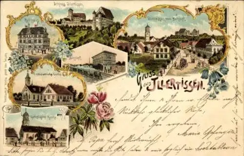 Litho Illertissen in Schwaben, Schloss, Bahnhof, Rathaus, Protestantische Kirche, Kath. Kirche