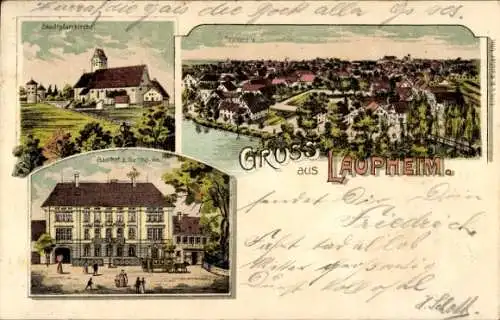 Litho Laupheim in Oberschwaben, Gesamtansicht, Gasthaus zur Germania, Stadtpfarrkirche