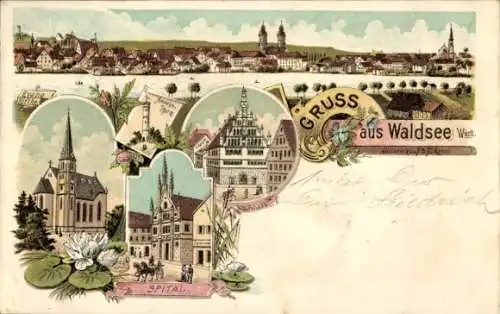 Litho Bad Waldsee in Oberschwaben Württemberg, Panorama, Spital, Rathaus, Kirche