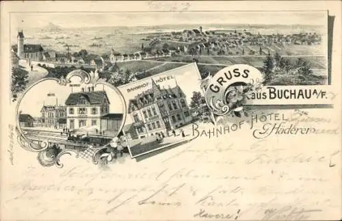 Litho Bad Buchau am Federsee Oberschwaben, Bahnhof-Hotel, Bahnhof, Panorama