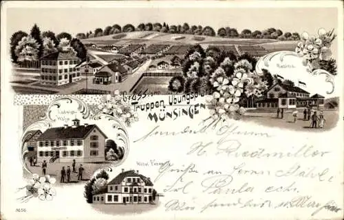 Litho Münsingen in Württemberg, Truppenübungsplatz, Kasino, Gasthaus Ludwigshöhe, Hotel