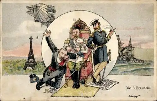 Künstler Ak Die 3 Freunde, Karikatur Zar Nikolaus II v. Russland, König George V, Raymond Poincaré