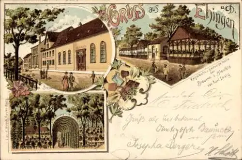 Litho Ehingen an der Donau, Brauerei z. Blaufeld, Bierhalle, Garten