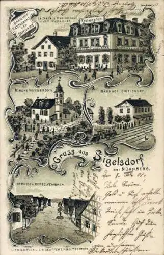 Litho Siegelsdorf Veitsbronn Mittelfranken, Bahnhof-Restaurant Schwarz, Bäckerei Kappeller, Bahnhof