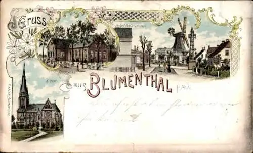 Litho Blumenthal Bremen, Windmühle, Kirche, Forsthaus, Marktplatz