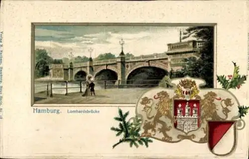 Präge Wappen Passepartout Litho Hamburg, Lombardsbrücke