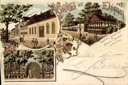 Litho Ehingen an der Donau, Brauerei z. Blaufeld, Bierhalle, Garten