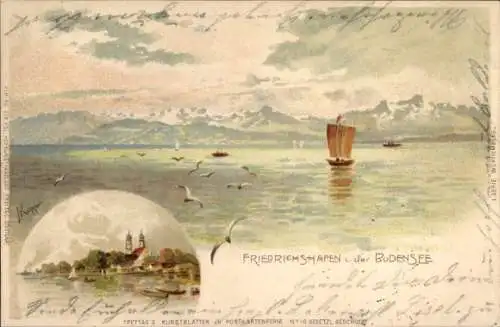 Künstler Litho Friedrichshafen am Bodensee, Segelboot, Blick zur Stadt