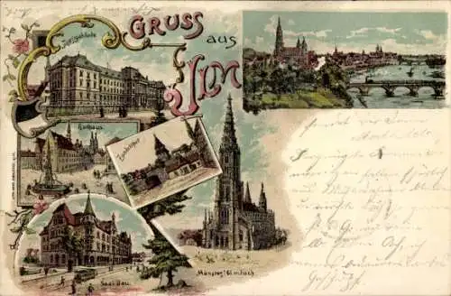 Litho Ulm an der Donau, Gesamtansicht, Justizgebäude, Rathaus, Zundeltor, Münster