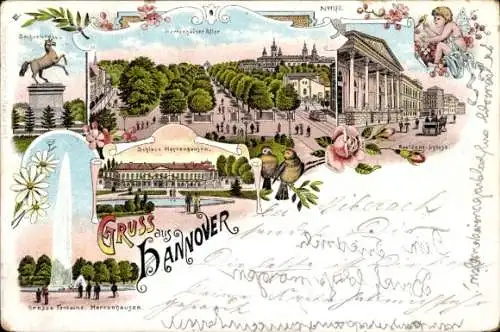 Litho Hannover, Sachsenross, Herrenhauser Allee, Residenzschloss, Schloss Herrenhausen, Fontaine