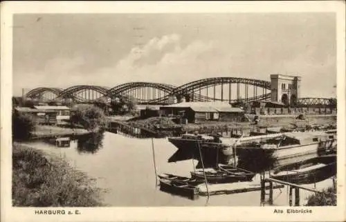 Ak Hamburg Harburg, Blick zur alten Elbbrücke, Boote