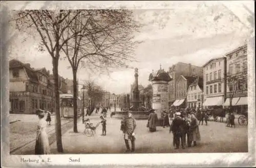 Ak Hamburg Harburg, Sand, Litfaßsäule, Straßenbahn, Passanten