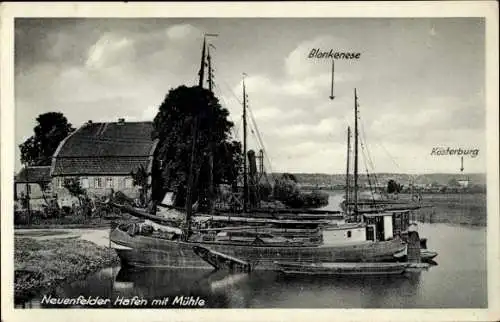 Ak Hamburg Harburg Neuenfelde, Hafen mit Mühle, Blankenese, Kösterburg