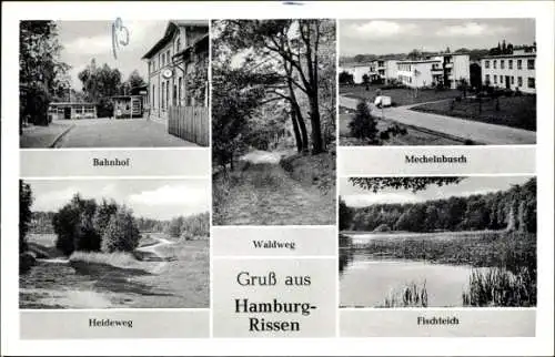 Ak Hamburg Altona Rissen, Bahnhof, Heideweg, Fischteich, Waldweg, Mechelnbusch