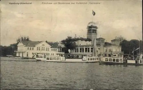 Ak Hamburg Nord Uhlenhorst, Fährhaus und Bootshaus des Ruderclub Germania, Boote