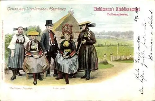 Litho Hamburg Bergedorf Vierlanden, Brautpaar in Tracht, Bahlmanns Etablissement Zollenspieker