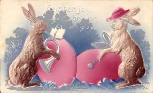 Präge Ak Glückwunsch Ostern, Osterhasen, Musikinstrumente, Ostereier