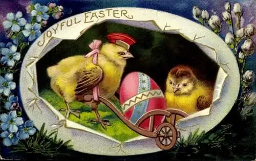 Präge Ak Glückwunsch Ostern, Küken, Schubkarre, Osterei, Weidenkätzchen