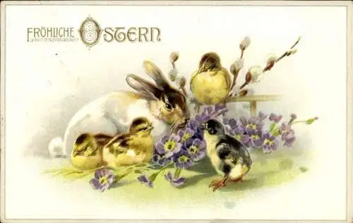 Ak Frohe Ostern, Hase mit Küken und Blumenzweig, Weidenkätzchen