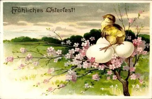 Ak Glückwunsch Ostern, Küken und Ostereier auf einem Blütenbaum