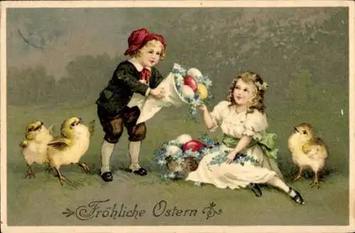 Präge Ak Glückwunsch Ostern, Kinder, Ostereier, Küken, Blumen