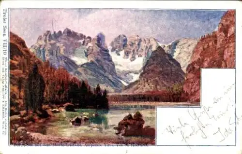 Künstler Ak Hlavacek, A., Düren See mit Monte Cristallo, Ampezzo, Tirol