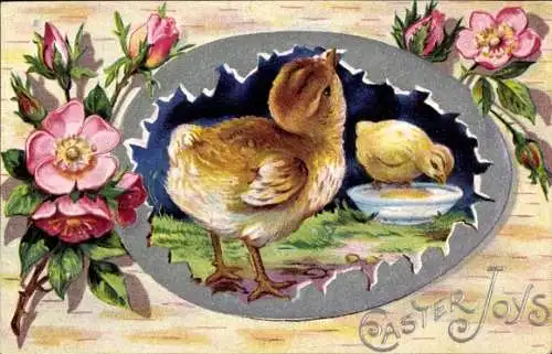 Präge Passepartout Ak Glückwunsch Ostern, Küken, Blumen