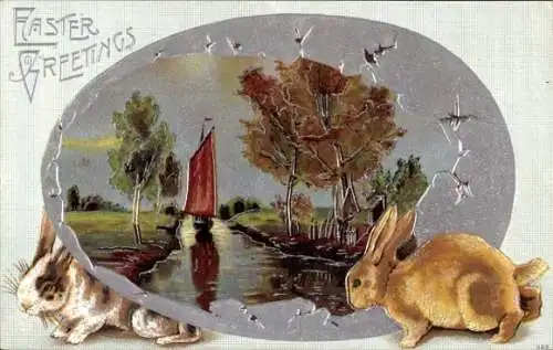 Passepartout Ak Glückwunsch Ostern, Osterhasen, Segelboot, Osterei