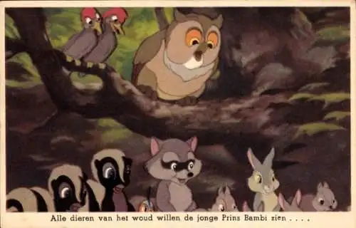 Ak Bambi, Walt Disney, Waldtiere, Eule, Stinktiere, Waschbär, Hasen