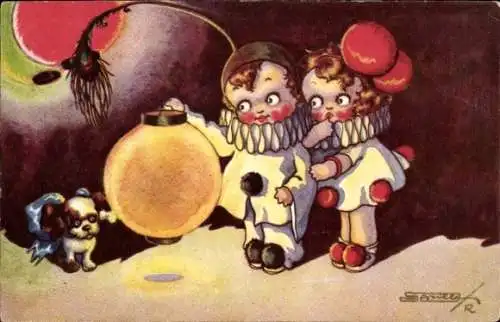 Künstler Ak Scrilli, R., Pierrot und Pierrette mit Lampion