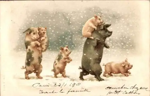 Litho Schweinefamilie, Ferkel, Winter, Schneesturm